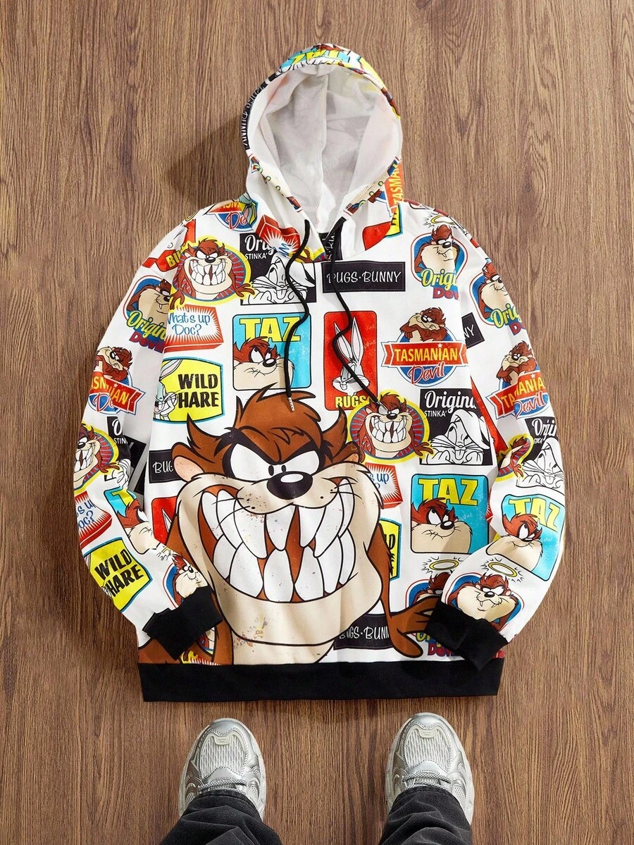 Looney Tunes X Manfinity Manfinity Joysei 男士卡通图案长袖抽绳连帽衫，男士卡通连帽衫，男士 3d 图案连帽衫，动漫连帽衫，秋季 - 彩色 - 查看 1