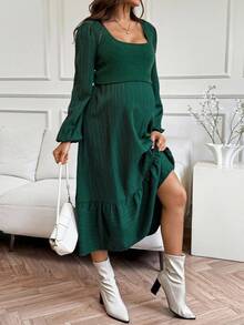 SHEIN 孕妇休闲通勤纯色哺乳连衣裙 - 綠色 - 查看 5