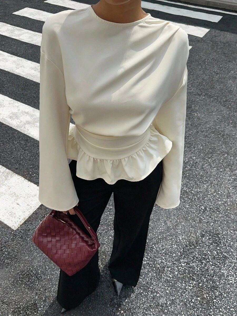 Siren Gaze Ruched Drape Long Sleeve Shirt, White Collar Shirt, Crew Neck Pullover Shirt Peplum Blouse Ruffle Blouse Cream Blouse Modest Blouse Winter Casual Spring - Apricot - View 1