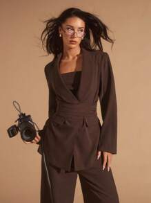 Glamine 3-częściowy damski brązowy komplet garniturowy z szalowym kołnierzem, damski swobodny, uniwersalny komplet garniturowy, odpowiedni do biura, dojazdów do pracy, wyjść, luźny, swobodny komplet garniturowy, jesienny komplet damski, brązowy komplet biurowy, damski, 3-częściowy komplet garniturowy, elegancki komplet damski