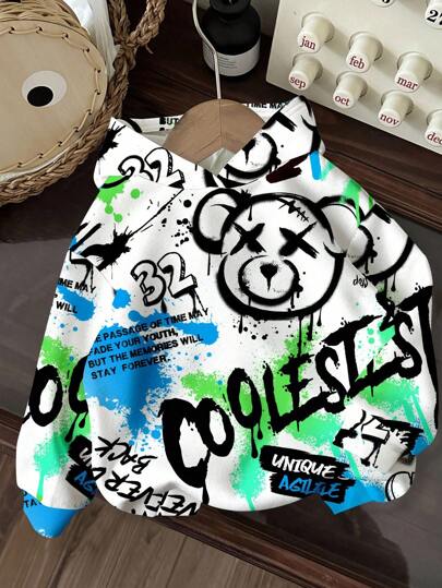 Baby Boy Casual Style Sweatshirt, Cute Face, Game Console, Street Style, Sports Leisure, Graffiti Print, Loose Comfortable Knit Soft Pullover, Suitable For Autumn/Winter Fall