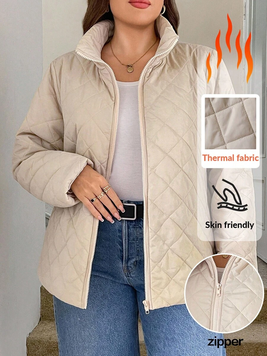 SHEIN LUNE 大码女式纯色长袖拉链休闲冬季外套，飞行夹克，长袖保暖升级外套女士冬装女士冬装万圣节服装，万圣节外套工作服女士通勤简约办公室老款外套，适合日常穿着，通勤，极简主义，优雅时尚的通勤，休闲休闲风格，纯色，女士秋季服装秋季