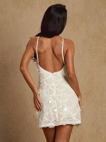 Glamine Women's Solid Color Spaghetti Strap Sleeveless Sequin Embellished Mini Dress White Sequin Dress White Mini Dress White Halter Dress White Party Dress White Reception Dress Sequins Dresses For Women Gala Dress Unique Dress Glamorous Gown
