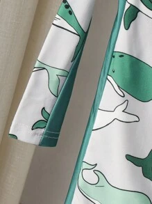 SHEIN 2 件套男童可爱卡通图案拼色长袖防晒衣和帽子泳衣套装，适合海滩、泳池、春夏季 - 綠色 - 查看 6