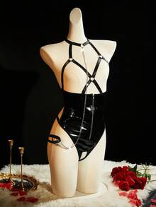 SpicyHot Hollow Out Chest Zipper Metal Chain Traction PU Patchwork Shiny Criss-Cross Open Crotch Punk Cyber Sexy Charming Women Bodysuits, Going Out - Black - View 5