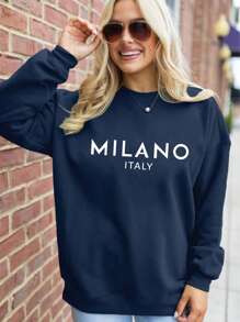 ReShift 女式标语字母印花圆领长袖运动衫运动装、毕业装、教师装、返校套头衫秋季 - 藏蓝色 - 查看 4