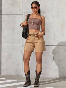 SHEIN ICON 女式纯色休闲牛仔短裤 - 卡其色 - 查看 5