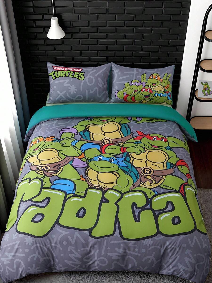 TEENAGE MUTANT NINJA TURTLES | SHEIN 3pcs Bedding Set, Soft & Breathable Cozy Warm Cartoon Turtle Pattern Gray Duvet Cover - Grey - View 1