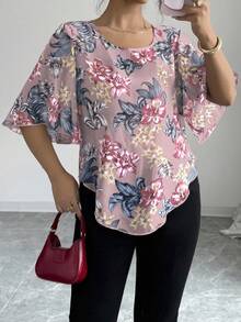 Elenzga Women's Elegant Floral Print Ruffle Sleeve Blouse, Summer - Multicolor - View 3