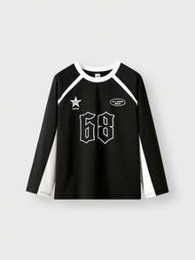 JNSQ Tween Boy Clothes, Autumn/Winter Long Sleeve T-Shirt With Funny Letter & Number Print, Suitable For Daily Wear, Outdoor Activities, Vacation, Streetwear, Party And Casual - Black and White - View 3
