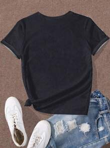 Girls' Butterfly & Letter Print Short Sleeve T-Shirt, Black Fabric With White Text, Comfortable Casual, Suitable For Daily Wear, Sports, Campus, Streetwear