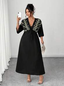 Elenzga Robe longue maxi pour femmes grandes tailles, col V décontracté, à nouer, imprimé floral jaune, manches 3/4, mélange de coton et lin