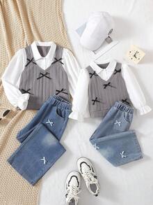 Sparklyn Girls' Outfit Set: Patterned Knit Vest, Bow Accent, Simple Shirt, Stylish Jeans, Fashionable & Sweet Style, Suitable For Spring, Autumn & Winter Occasions Like Outings, Parties Fall - Grey - View 6