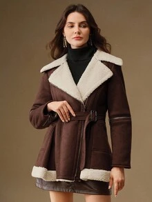 Anewsta 女士宽松绒面混纺翻领系带短款夹克，适合秋季、冬季、外出、优雅、正式、派对、别致、新年、女士冬季外套、圣诞节、工作、毕业 - 棕色 - 查看 5