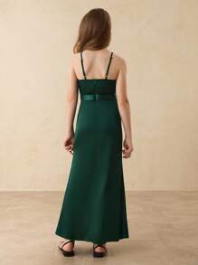 Flower Girl Dress With Satin Halter Neck, Ruched Hem, High Slit And Ruffle Trim, Elegant For Wedding, Christmas, Halloween, Party, Graduation - Green - View 2