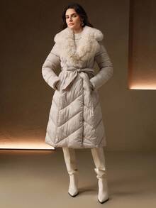 Anewsta Áo khoác lông vũ dài thanh lịch dành cho nữ, có eo thắt, chần bông hình thoi, cổ áo rộng bồng bềnh, áo khoác đệm có khóa kéo màu trắng - Màu be - Xem 7