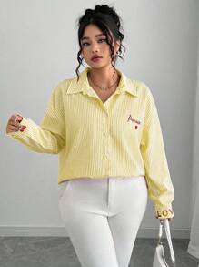 Elenzga Plus Size Women's French Striped Embroidered Heart Blouse Fall Cloth For Women Women Button Up Shirt Amour Shirt Yellow Striped Shirt Women Heart Shirt Love Shirt - Yellow - View 3