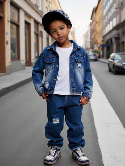 2pcs Young Boys' Fashion Vintage Dark Washed Distressed Denim Jacket & Jeans Set, Comfortable Soft Fabric Casual Outfit Chic Outfits For Autumn/Winter