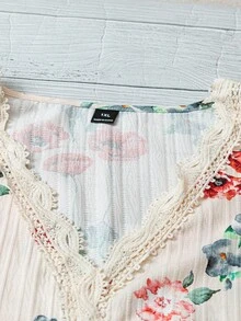 Linhara 大码女式纹理花卉印花蕾丝拼布长袖荷叶边V领休闲常规衬衫 - 杏色 - 查看 7