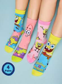 SpongeBob SquarePants | SHEIN 4 双柔软透气吸湿排汗休闲女士中筒袜，时尚可爱的粉色和蓝色中筒袜，加固的脚趾和脚跟，经久耐用，适合所有季节，夏季和冬季 - 彩色 - 查看 2