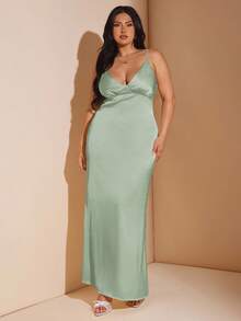 SHEIN BAE 大码女式无袖 V 领露背长款缎面连衣裙，适合度假、音乐节、生日、早午餐、婚礼宾客、优雅礼服派对礼服 - 薄荷綠 - 查看 2