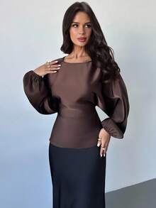 Firerie Fall Women's New Elegant Romantic Casual Urban Commute Elegant Fashion Versatile Coffee Brown Round Neck Batwing Long Sleeve Tie-Waist X-Shaped Regular Fit Blouse, Suitable For Teachers, Autumn, Fall Women Clothes,Elegant Women's Blouses - Brown - View 3