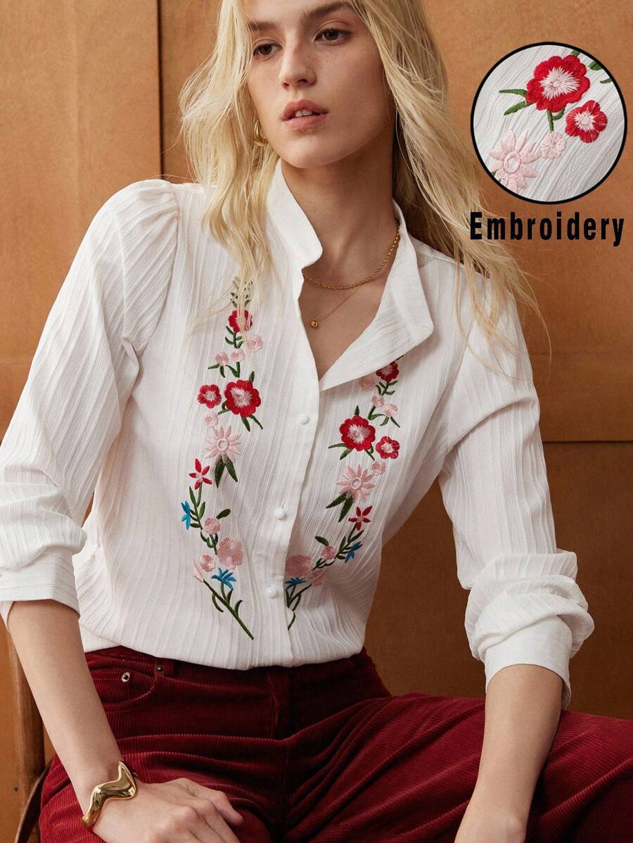 Écloséra Blusa casual de manga larga con un solo botonadura, bordado floral, estilo retro francés para mujer