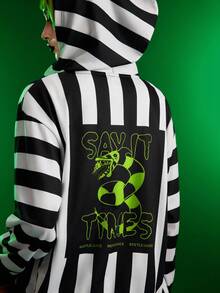 Beetlejuice X SHEIN 女士休闲时尚街头时尚深色卡通标语图案黑白条纹拉链连帽衫，春秋季 - 黑與白 - 查看 5