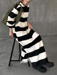 FRIFUL Women's Round Neck Drop Shoulder Long Sleeve Black & White Striped Straight Long Dress, Autumn Dress, Outdoor Dress, Autumn Wear
