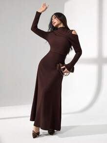 Modelyn Women's Elegant Tight-Fitting Knit Dress, High-End French Style Fall Cloth For Women - Coffee - View 3