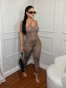 SHEIN SXY 豹纹镂空性感吊带连体裤