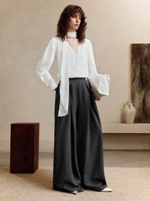 Arave Pantalones anchos de pierna gris, de cintura alta, plisados, con decoración metálica, que estilizan la figura, elegantes y vintage, adecuados para maestras, de moda para el otoño