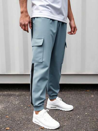 SHEIN Teen Boys' Casual Striped Light Blue & Black Webbing Pocket Sweatpants, Jogger Trousers Set, Suitable For Autumn, Winter, School, Home, Daily, Sports, Birthday Party, Outing, All-Match Versatile Thermal Lined,Winter Set,Winter Clothing,Fall Outfits,Fall Clothing,All Clothes For Kids