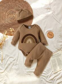 SHEIN Vintaside Kids Baby Boy Rainbow Patched Bodysuit & Pants - Coffee Brown - View 9
