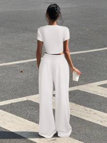 Muchica 2 件套女士休闲圆领短袖上衣和阔腿裤套装，夏季 - 白色 - 查看 2