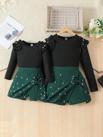 2pcs Tween Girl Elegant Flare Sleeve Pearl Decor Sweater Top And Pearl Bow Decor Skort Set, Spring/Autumn Girl Two Piece Outfit Green Black 2 Piece Set For Girls Girls Skirt Set Girls Black Top Green Skirt Set Toddler Girl Two Piece Outfit Girls Pearl Embellished Outfit Fall Winter