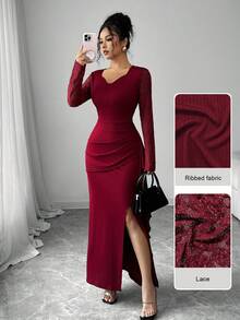Modelyn 女式纯色撞色蕾丝长袖褶皱腰开衩连衣裙 - 酒紅色 - 查看 4
