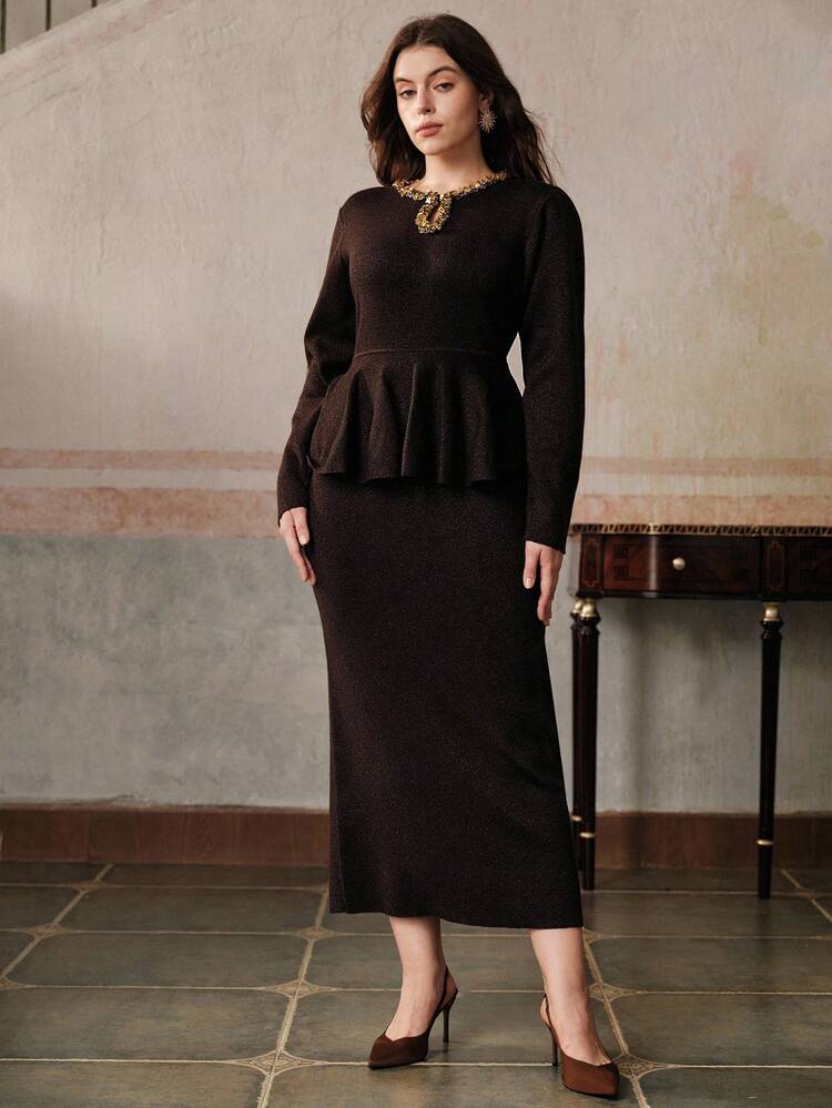 High-End Fashion Vintage Inspired Retro Coin Sequin Embellished Wool Blend Ruffle Hem Plus Size Dress - Mocha Brown - View 4