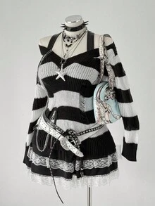 Sweetra Black & White Striped Pullover Sweater, Zipper Decor, Dark Style For Women Fall Winter Cloth For Women Autumn - Black and White - View 6