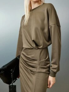 Airlisse Women's Side Slit Twist Pleated Sweatshirt Dress, Elegant For Vacation - Gray green - View 6