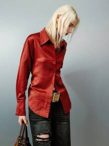 Airlisse Women's Open Front Long Sleeve Shirt With Backless Tie-Up Collar Fall Cloth For Women. Red - Burgundy - View 4