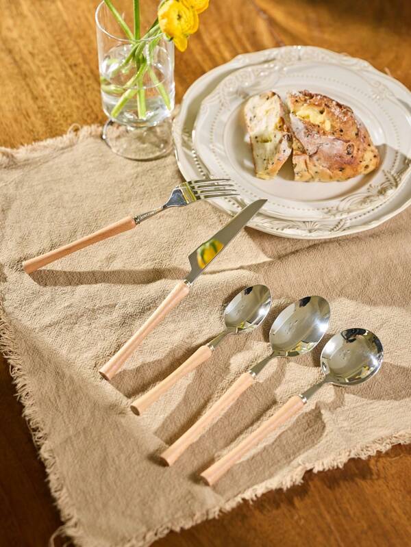 Cirelle Set di posate in acciaio inossidabile e legno di faggio - include coltello, forchetta, cucchiaio, forchetta per frutta e cucchiaio da dessert, articoli per la cucina, set di posate natalizie | Posate, set da tavola, accessori per la cucina, set di cucchiai e forchette