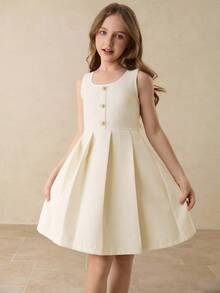 Tween Girl 优雅时尚高贵圆领长袖短款粗花呢夹克搭配圆领无袖高腰短裙套装，适合秋冬季返校、毕业、正式场合、万圣节、圣诞节活动 - 米色 - 查看 6