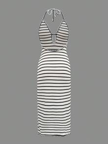 Bonvoyette Vestido largo de verano para playa y vacaciones, estilo vintage con textura de moneda, a rayas en blanco y negro con contraste de color, tela casual y suelta, vestido maxi con espalda descubierta como cubierta para traje de baño - Blanco y Negro - Ver 6