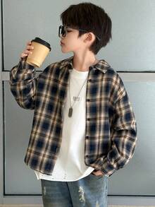 Dazy Kids 秋季大码男童宽松休闲格子衬衫