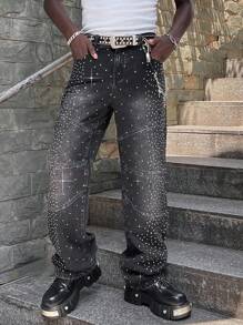 ROMWE MEN Street Life Men's Sparkling Diamond Loose Baggy Jeans - Black - View 4