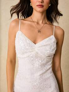 Poéselle 女式纯色亮片装饰细肩带迷你连衣裙 - 杏色 - 查看 3