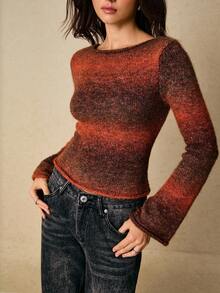 Poéselle 女士时尚通勤复古渐变毛衣，秋冬渐变针织长袖上衣 – 舒适渐变毛衣，秋季柔和美学套头衫，渐变针织毛衣，渐变长袖上衣，舒适秋季套头衫，返校针织衫，感恩节女士，秋季女士毛衣，橙色毛衣，秋季女士上衣 - 彩色 - 查看 5