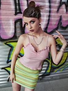 Ruched Bust Lettuce Trim Cami Top - Baby Pink - View 4