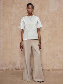 Firerie VITNOS New Fall/Winter High-End Women's Casual Everyday Commuter Elegan Women's Elegant Embroidered Solid Color Loose Cotton T-Shirt, Spring/Summer Autumn, Night Out, Parties, Date Night, Country, Homecoming, Casual, Holiday Vacation - Beige - View 5